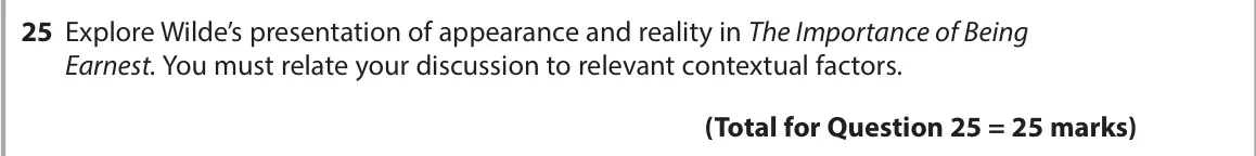 November 2021 Paper 1, question 25: Explore Wilde’s presentation of appearance and reality in The Importance of Being Earnest. You must relate your discussion to relevant contextual factors.