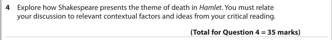 October 2020 Paper 1, question 4: Explore how Shakespeare presents the theme of death in Hamlet. You must relate your discussion to relevant contextual factors and ideas from your critical readi