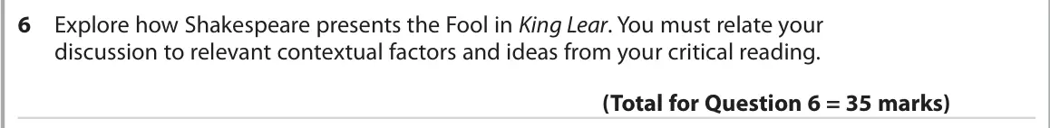 October 2020 Paper 1, question 6: Explore how Shakespeare presents the Fool in King Lear. You must relate your discussion to relevant contextual factors and ideas from your critical reading.