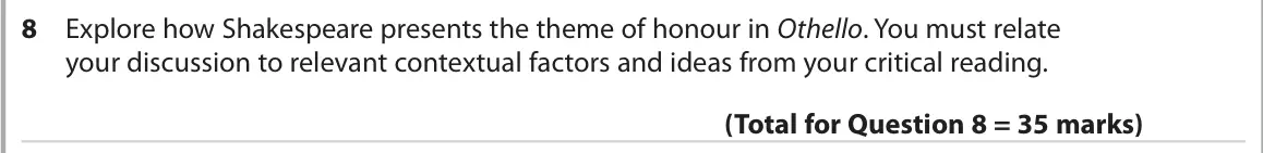 October 2020 Paper 1, question 8: Explore how Shakespeare presents the theme of honour in Othello. You must relate your discussion to relevant contextual factors and ideas from your critical rea
