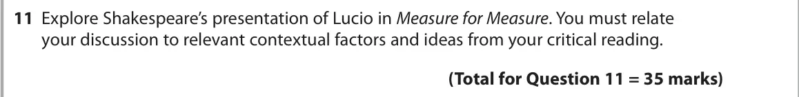 October 2020 Paper 1, question 11: Explore Shakespeare’s presentation of Lucio in Measure for Measure. You must relate your discussion to relevant contextual factors and ideas from your critical 