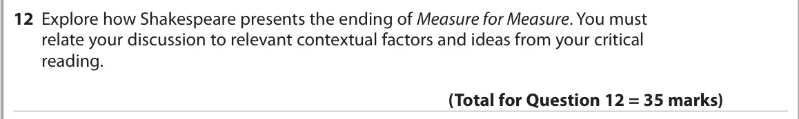 October 2020 Paper 1, question 12: Explore how Shakespeare presents the ending of Measure for Measure. You must relate your discussion to relevant contextual factors and ideas from your critical 