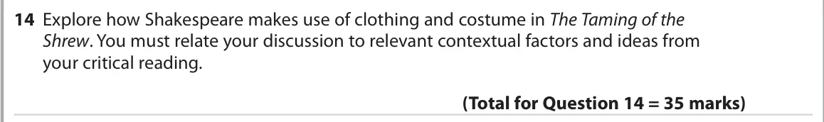 October 2020 Paper 1, question 14: Explore how Shakespeare makes use of clothing and costume in The Taming of the Shrew. You must relate your discussion to relevant contextual factors and ideas f