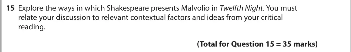 October 2020 Paper 1, question 15: Explore the ways in which Shakespeare presents Malvolio in Twelfth Night. You must relate your discussion to relevant contextual factors and ideas from your cri
