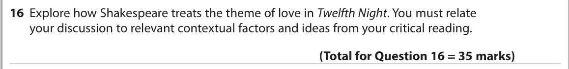 October 2020 Paper 1, question 16: Explore how Shakespeare treats the theme of love in Twelfth Night. You must relate your discussion to relevant contextual factors and ideas from your critical r