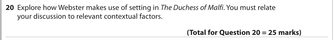 October 2020 Paper 1, question 20: Explore how Webster makes use of setting in The Duchess of Malfi. You must relate your discussion to relevant contextual factors.