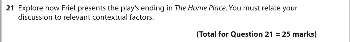 October 2020 Paper 1, question 21: Explore how Friel presents the play’s ending in The Home Place. You must relate your discussion to relevant contextual factors.
