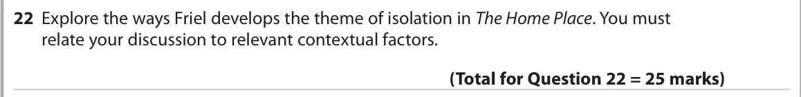October 2020 Paper 1, question 22: Explore the ways Friel develops the theme of isolation in The Home Place. You must relate your discussion to relevant contextual factors.
