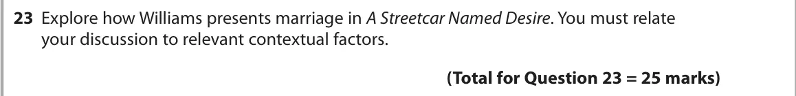 October 2020 Paper 1, question 23: Explore how Williams presents marriage in A Streetcar Named Desire. You must relate your discussion to relevant contextual factors.