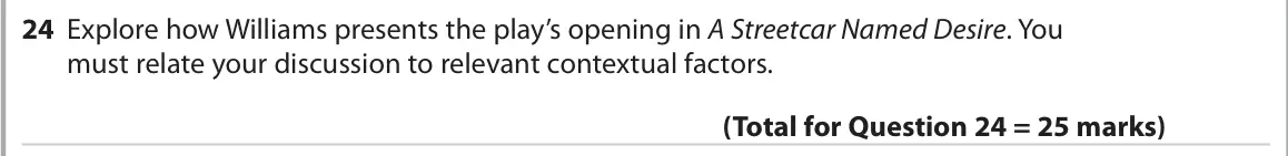 October 2020 Paper 1, question 24: Explore how Williams presents the play’s opening in A Streetcar Named Desire. You must relate your discussion to relevant contextual factors.