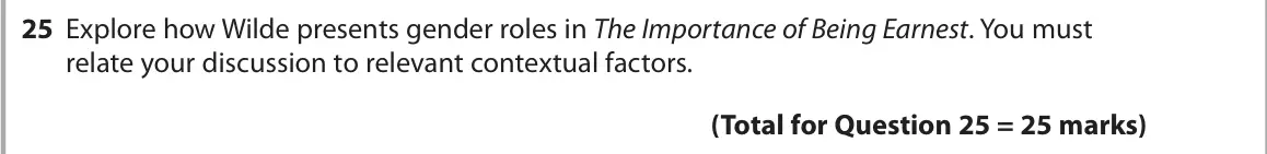 October 2020 Paper 1, question 25: Explore how Wilde presents gender roles in The Importance of Being Earnest. You must relate your discussion to relevant contextual factors.