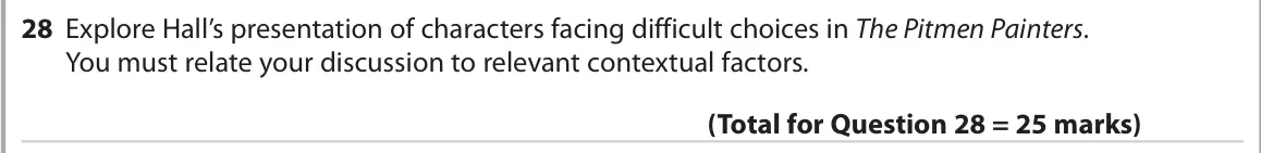 October 2020 Paper 1, question 28: Explore Hall’s presentation of characters facing difficult choices in The Pitmen Painters. You must relate your discussion to relevant contextual factors.