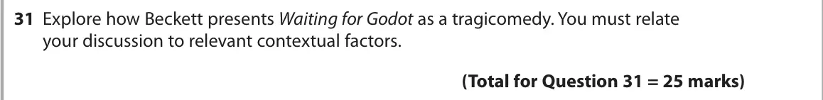 October 2020 Paper 1, question 31: Explore how Beckett presents Waiting for Godot as a tragicomedy. You must relate your discussion to relevant contextual factors.