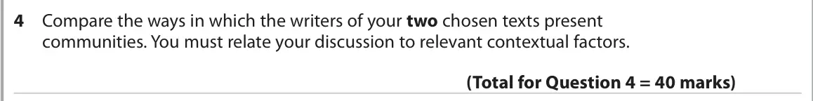 June 2022 Paper 2, question 4: Compare the ways in which the writers of your two chosen texts present communities. You must relate your discussion to relevant contextual factors.