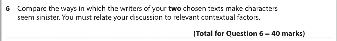 June 2022 Paper 2, question 6: Compare the ways in which the writers of your two chosen texts make characters seem sinister. You must relate your discussion to relevant contextual factors.
