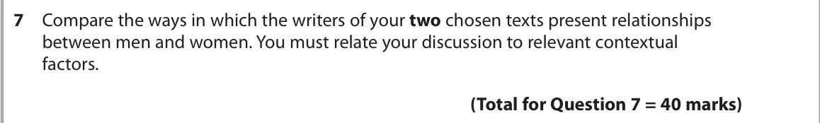 June 2022 Paper 2, question 7: Compare the ways in which the writers of your two chosen texts present relationships between men and women. You must relate your discussion to relevant contextu