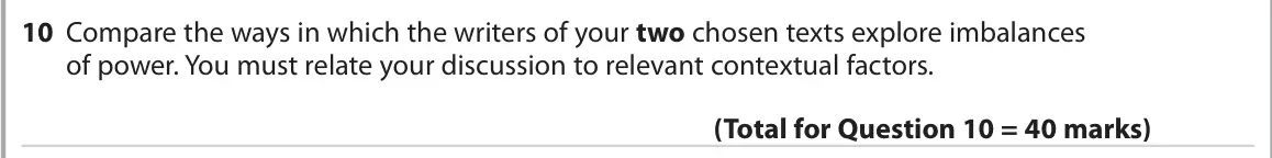 June 2022 Paper 2, question 10: Compare the ways in which the writers of your two chosen texts explore imbalances of power. You must relate your discussion to relevant contextual factors.