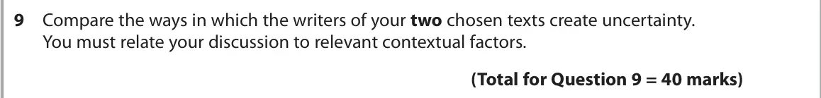 June 2024 Paper 2, question 9: Compare the ways in which the writers of your two chosen texts create uncertainty. You must relate your discussion to relevant contextual factors.