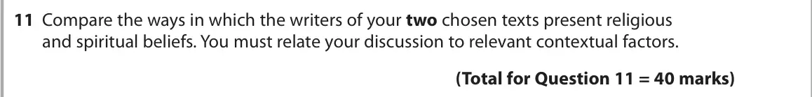 June 2024 Paper 2, question 11: Compare the ways in which the writers of your two chosen texts present religious and spiritual beliefs. You must relate your discussion to relevant contextual f