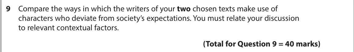 June 2025 Paper 2, question 9: Compare the ways in which the writers of your two chosen texts make use of characters who deviate from society’s expectations. You must relate your discussion t