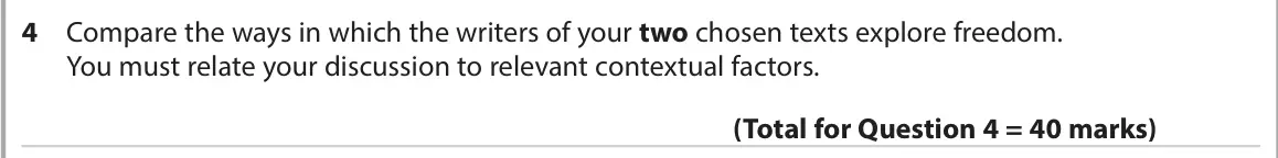 November 2021 Paper 2, question 4: Compare the ways in which the writers of your two chosen texts explore freedom. You must relate your discussion to relevant contextual factors.