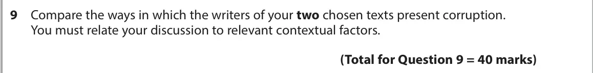 November 2021 Paper 2, question 9: Compare the ways in which the writers of your two chosen texts present corruption. You must relate your discussion to relevant contextual factors.