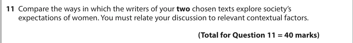November 2021 Paper 2, question 11: Compare the ways in which the writers of your two chosen texts explore society’s expectations of women. You must relate your discussion to relevant contextual f