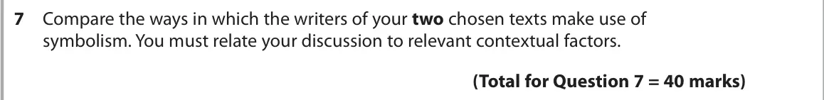 October 2020 Paper 2, question 7: Compare the ways in which the writers of your two chosen texts make use of symbolism. You must relate your discussion to relevant contextual factors.