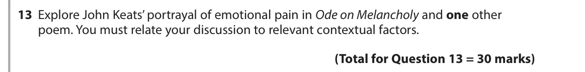 June 2017 Paper 3, question 13: Explore John Keats’ portrayal of emotional pain in Ode on Melancholy and one other poem. You must relate your discussion to relevant contextual factors.