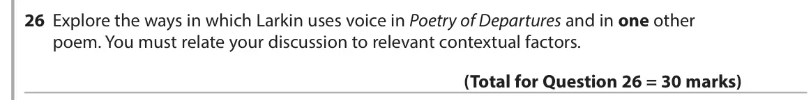 June 2017 Paper 3, question 26: Explore the ways in which Larkin uses voice in Poetry of Departures and in one other poem. You must relate your discussion to relevant contextual factors.