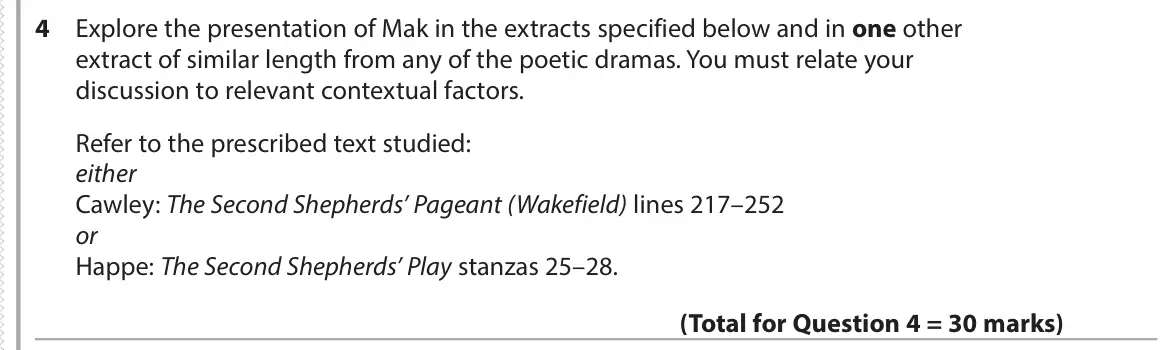 June 2017 Paper 3, question 4: Explore the presentation of Mak in the extracts specified below and in one other extract of similar length from any of the poetic dramas. You must relate your d