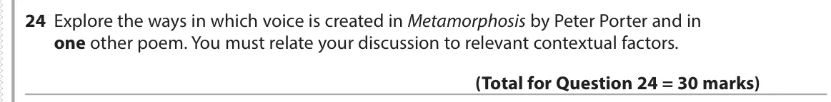June 2017 Paper 3, question 24: Explore the ways in which voice is created in Metamorphosis by Peter Porter and in one other poem. You must relate your discussion to relevant contextual factor