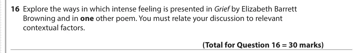 June 2017 Paper 3, question 16: Explore the ways in which intense feeling is presented in Grief by Elizabeth Barrett Browning and in one other poem. You must relate your discussion to relevant