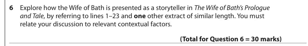 June 2018 Paper 3, question 6: Explore how the Wife of Bath is presented as a storyteller in The Wife of Bath’s Prologue and Tale, by referring to lines 1–23 and one other extract of similar 