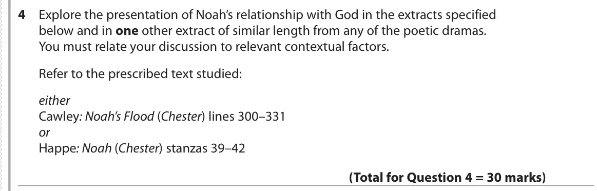 June 2018 Paper 3, question 4: Explore the presentation of Noah’s relationship with God in the extracts specified below and in one other extract of similar length from any of the poetic drama