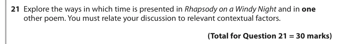 June 2019 Paper 3, question 21: Explore the ways in which time is presented in Rhapsody on a Windy Night and in one other poem. You must relate your discussion to relevant contextual factors.