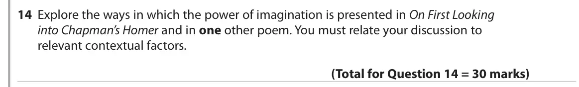 June 2019 Paper 3, question 14: Explore the ways in which the power of imagination is presented in On First Looking into Chapman’s Homer and in one other poem. You must relate your discussion 