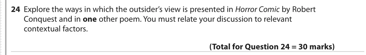 June 2019 Paper 3, question 24: Explore the ways in which the outsider’s view is presented in Horror Comic by Robert Conquest and in one other poem. You must relate your discussion to relevant