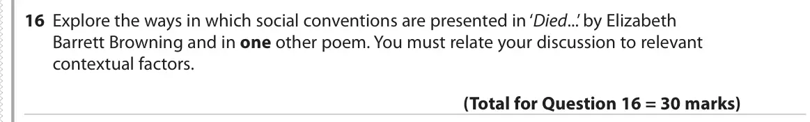 June 2019 Paper 3, question 16: Explore the ways in which social conventions are presented in ‘Died...’ by Elizabeth Barrett Browning and in one other poem. You must relate your discussion to 