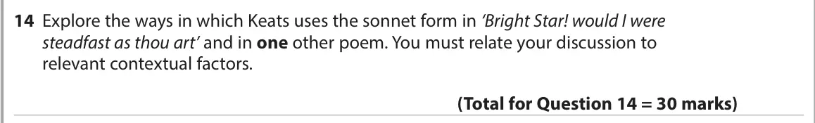 June 2022 Paper 3, question 14: Explore the ways in which Keats uses the sonnet form in ‘Bright Star! would I were steadfast as thou art’ and in one other poem. You must relate your discussion