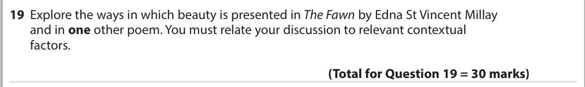 June 2022 Paper 3, question 19: Explore the ways in which beauty is presented in The Fawn by Edna St Vincent Millay and in one other poem. You must relate your discussion to relevant contextua