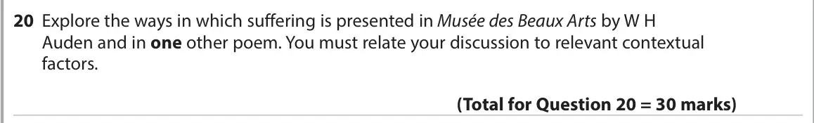 June 2022 Paper 3, question 20: Explore the ways in which suffering is presented in Musée des Beaux Arts by W H Auden and in one other poem. You must relate your discussion to relevant context