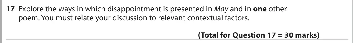 June 2022 Paper 3, question 17: Explore the ways in which disappointment is presented in May and in one other poem. You must relate your discussion to relevant contextual factors.
