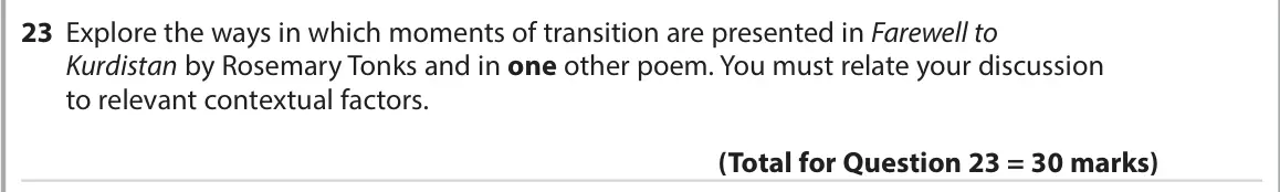 June 2022 Paper 3, question 23: Explore the ways in which moments of transition are presented in Farewell to Kurdistan by Rosemary Tonks and in one other poem. You must relate your discussion 