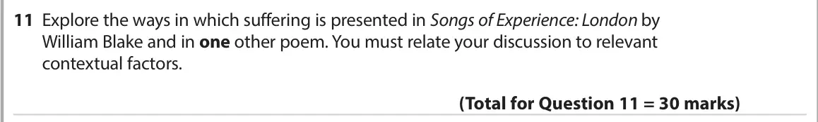 June 2022 Paper 3, question 11: Explore the ways in which suffering is presented in Songs of Experience: London by William Blake and in one other poem. You must relate your discussion to relev