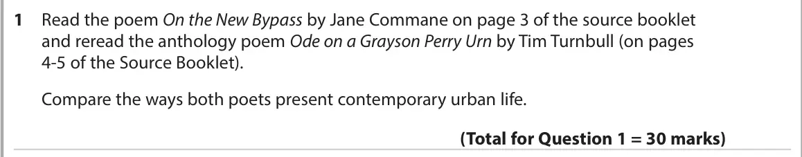 June 2022 Paper 3, question 1: Read the poem On the New Bypass by Jane Commane on page 3 of the source booklet and reread the anthology poem Ode on a Grayson Perry Urn by Tim Turnbull (on pag