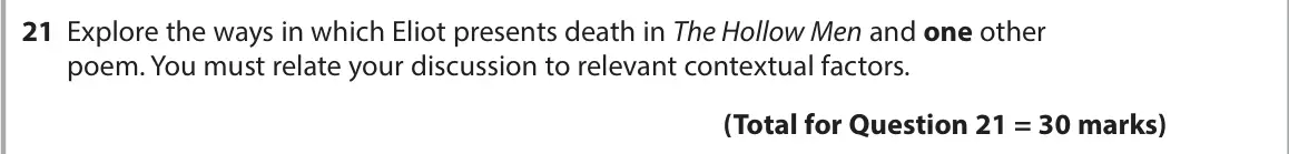 June 2023 Paper 3, question 21: Explore the ways in which Eliot presents death in The Hollow Men and one other poem. You must relate your discussion to relevant contextual factors.