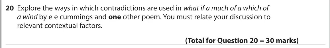 June 2023 Paper 3, question 20: Explore the ways in which contradictions are used in what if a much of a which of a wind by e e cummings and one other poem. You must relate your discussion to 