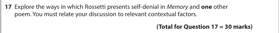 June 2023 Paper 3, question 17: Explore the ways in which Rossetti presents self-denial in Memory and one other poem. You must relate your discussion to relevant contextual factors.