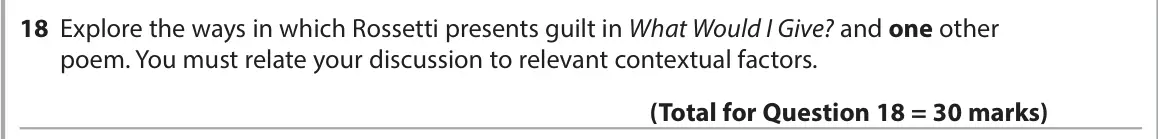 June 2023 Paper 3, question 18: Explore the ways in which Rossetti presents guilt in What Would I Give? and one other poem. You must relate your discussion to relevant contextual factors.